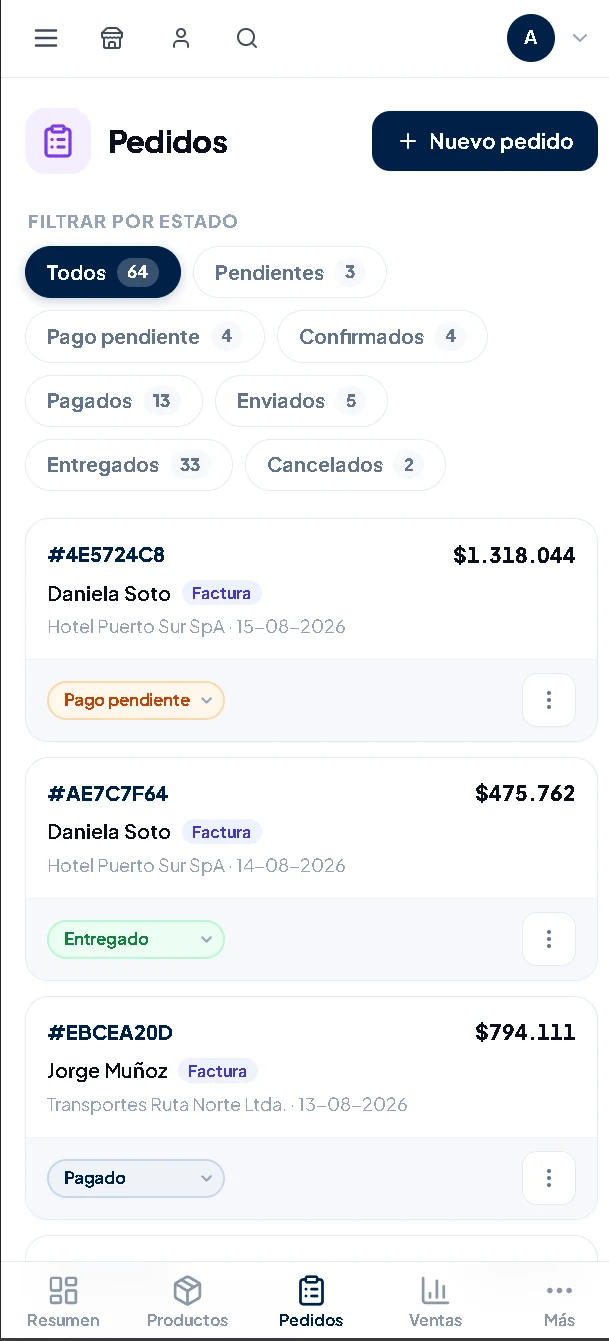 Panel de pedidos de CEPP en el celular